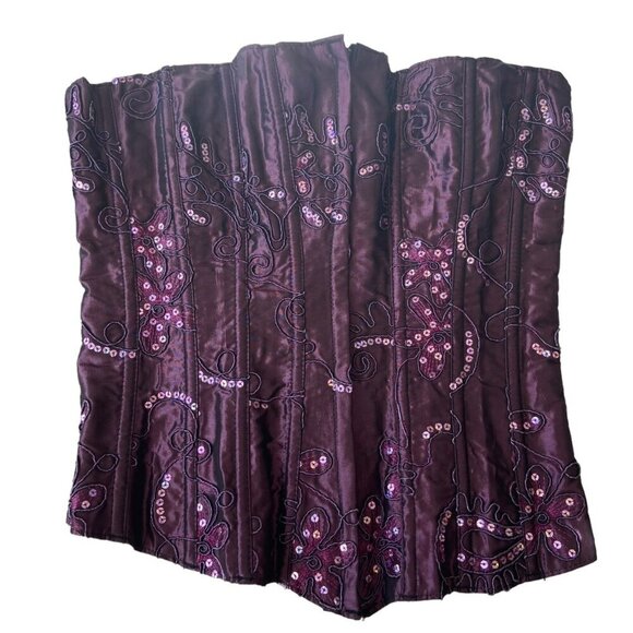 Purple Satin Floral Embroidered Corset With Sequins & Lace-Up Back Design Medium - Picture 4 of 14